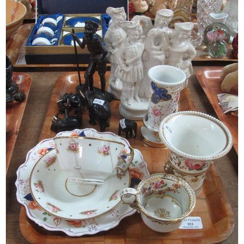 353 - Tray of assorted items: 19th Century Swansea cup and saucer (repaired), Gaudy Welsh plate, pair of S... 