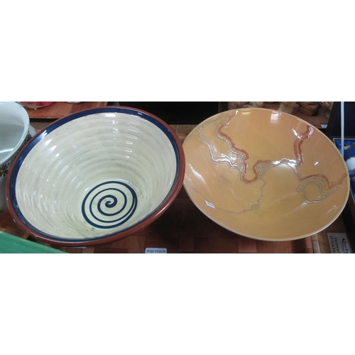 356 - Two Art Pottery bowls, one resembling a small crochan, the other with abstract design and pearl lust... 