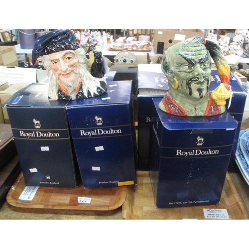 360 - Two trays of boxed Royal Doulton character jugs: 'The Genie' (x 2), 'The Witch', 'The Wizard', 'Town... 