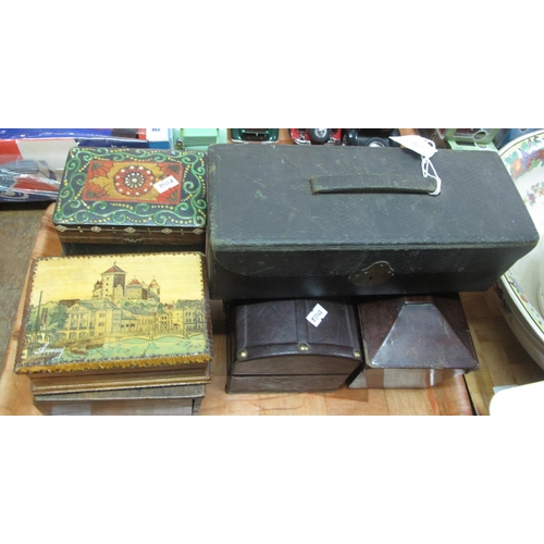 361 - Collection of small boxes: travelling dressing table case with red velvet interior, three glass bott... 