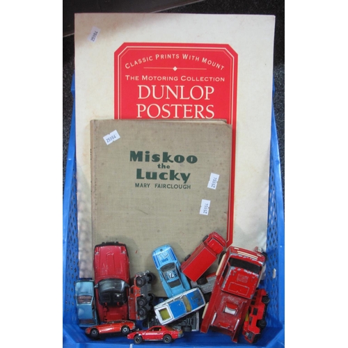 371 - Box comprising vintage play worn diecast vehicles, together with a vintage purse with coins, Kodak B... 