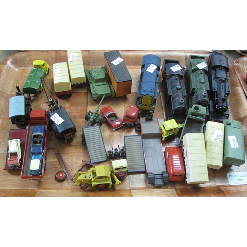 380 - Tray of play worn diecast model vehicles and locomotives, some parts only: Lledo, Hornby etc.
(B.P. ... 