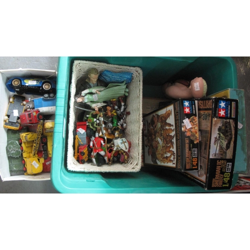 393 - Box of assorted toys to include; play worn diecast vehicles: Tamya and other Airfix kits, modern toy... 