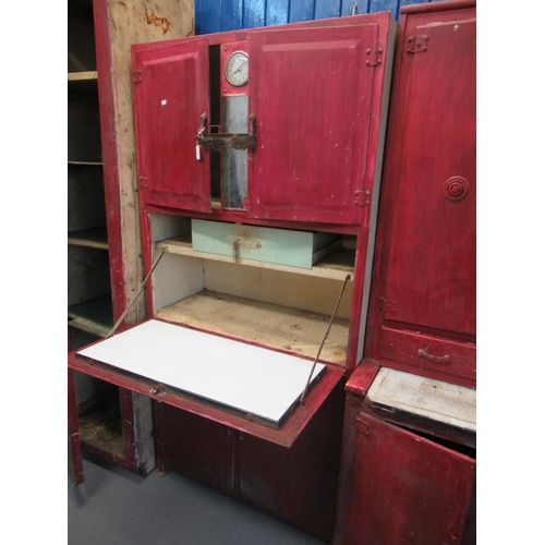 500 - Vintage metal fall front kitchen cabinet with inset clock and four cupboards. 85cm wide approx.
(B.P... 