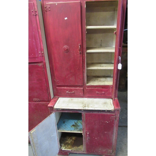 501 - Vintage painted wooden larder cupboard with four cupboards, two drawers and pull out enamel shelf. 7... 