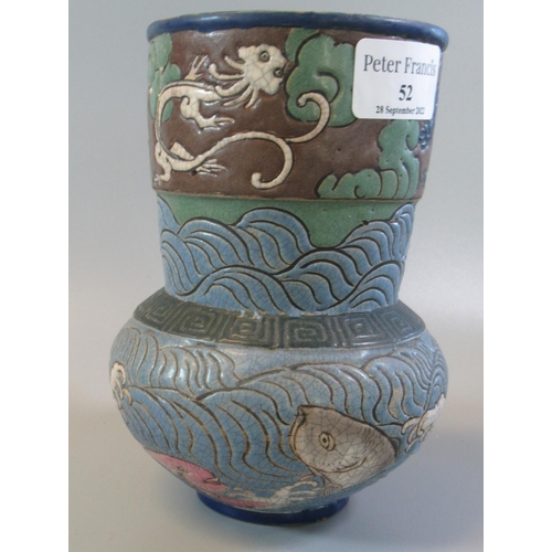 52 - A Japanese style baluster shaped stoneware vase with cylinder neck and incised and painted polychrom... 