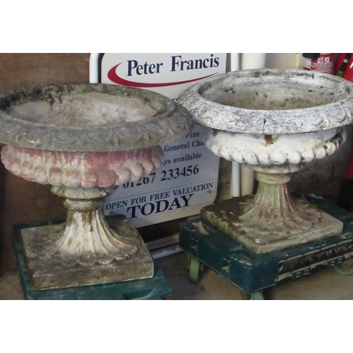 522 - Pair of reconstituted stone campana urn shaped fluted pedestal garden planters on square bases. 62cm... 