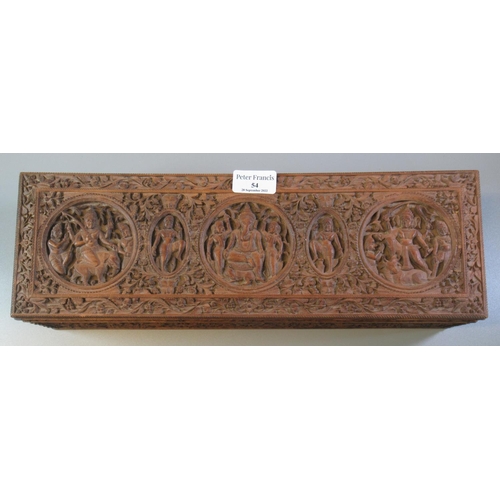 54 - Indian heavily carved, probably sandalwood, rectangular shaped box with hinged cover, overall with f... 