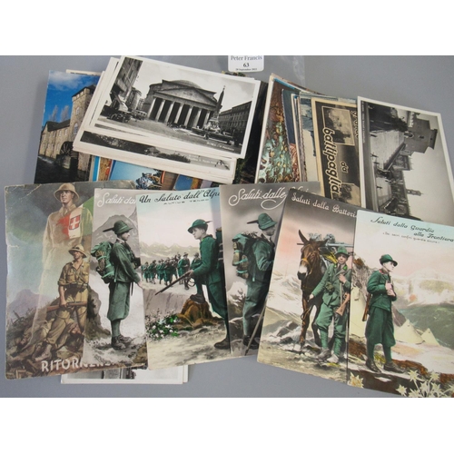 63 - Postcards, all world selection, mostly topographical, but includes a few Italian military cards.  (B... 