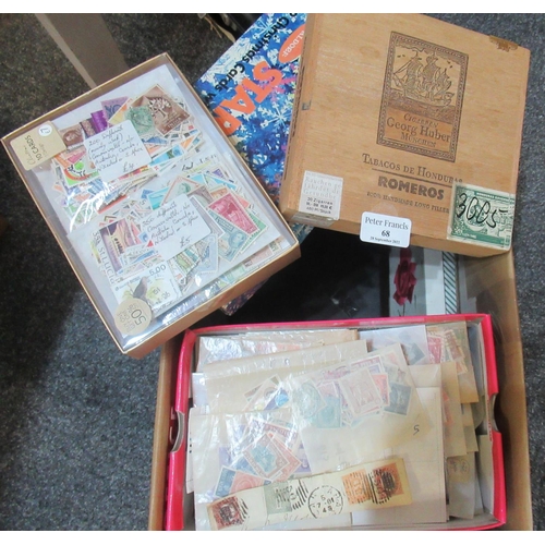 68 - Box of all world stamps in various small boxes, in packets and loose, plus shoebox of bundleware.  M... 