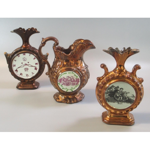 8 - Three 19th century clock faced copper lustre jugs, one marked 'Hope' and other decorated with archit... 