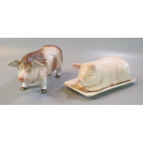 9 - German porcelain model of a wild boar with painted features and blue anchor mark to the underside, t... 