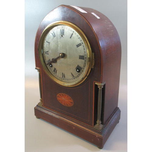 96 - Edwardian inlaid mahogany lancet shaped two train mantle clock.  32cm high approx.  (B.P. 21% + VAT)