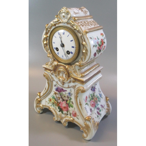 97 - Continental porcelain two train balloon shaped  clock with white enamel Roman face and overall gilde... 