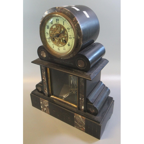 98 - Late 19th/early 20th century black slate and marble two train drum head mantle clock with ceramic Ar... 