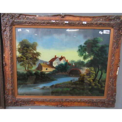 148A - Naive British school (19th century) river scene with figures on bridge and cottages, reverse painted... 