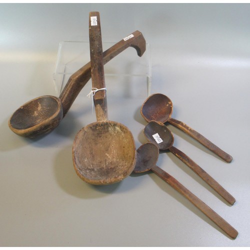 36A - Two 19th/20th Century Welsh wooden ladles, together with three Welsh wooden cawl spoons. (5) (B.P. 2... 