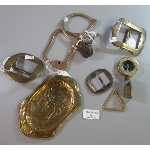 203 - Quantity of military orientated metalware, to include: French repousse pin dish, two bar locks, thre... 