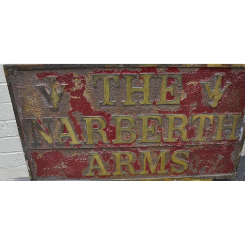 162 - Vintage pub sign, 'The Narbeth Arms'.  The front on beaten copper on a wooden board.  66x125cm appro... 