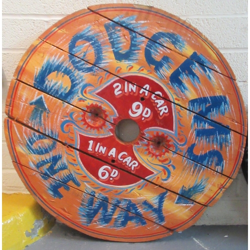 163 - Modern wooden painted fairground sign of circular form 'Dodgems one Way'.  The diameter is 82cm appr... 