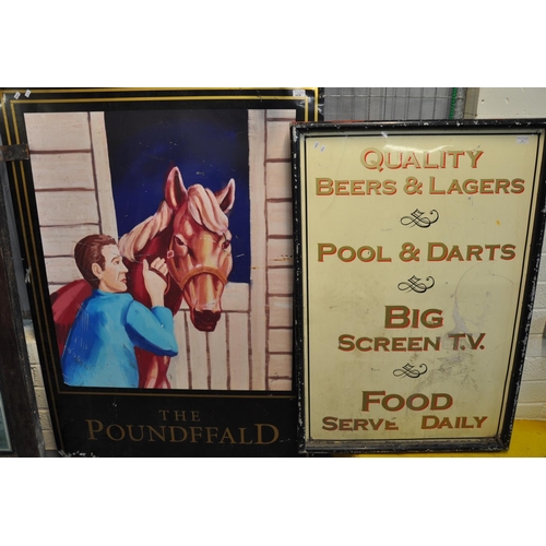 164 - Two modern metal pub signs, 'Quality Beers and Lagers, Pool and Darts, Big Screen TV, Food Served Da... 