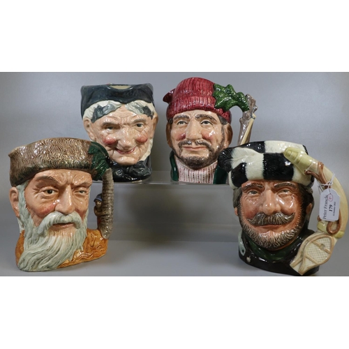 179 - Four Royal Doulton character jugs, to include: 'Robinson Crusoe', 'Granny', 'Trapper' and 'The Lumbe... 