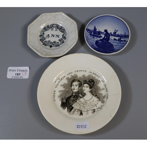 185 - 19th century commemorative dish, 'Queen Victoria and Prince Albert', together with a child's pottery... 