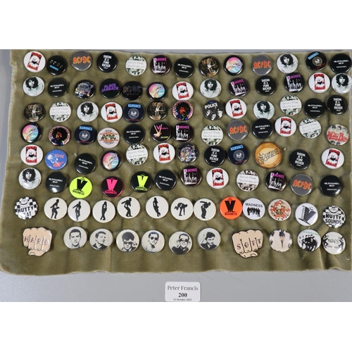 200 - Large collection of vintage badges, to include: 'Black Sabbath', 'AC/DC', 'Ramones', 'Madness', 'Nut... 