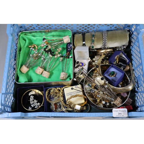 201 - Collection of costume jewellery and watches including hat pins, a perfume bottle etc.
(B.P. 21% + VA... 