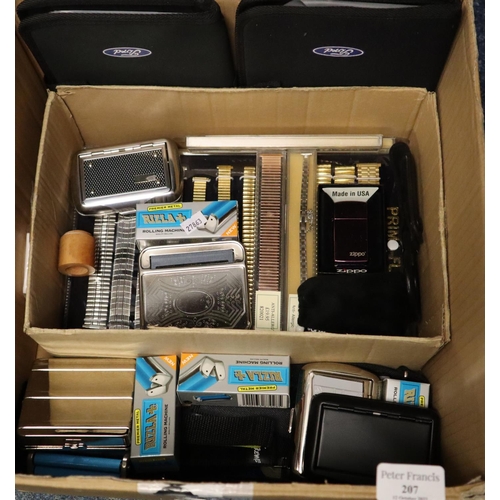 207 - Box of oddments to include: 'Zippo lighter', various watch straps, 'Rizla' rolling machines etc.  (B... 