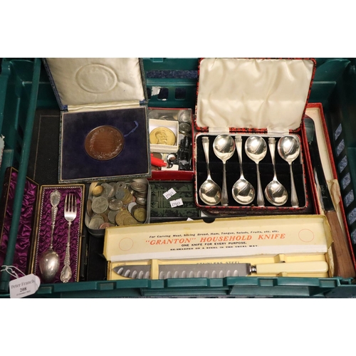 208 - Box of oddments, to include: bronze medallion 'Cardiff Naturalist Society' for the best lantern slid... 