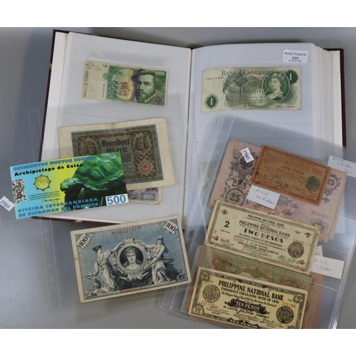 215 - Box file comprising British and World bank notes, to include: Notes from 1905 onwards, 'Emergency Ci... 