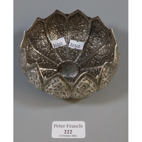 222 - White metal, probably Persian bowl, overall with flowers and foliage.  Diameter 12cm approx.  6.9tro... 