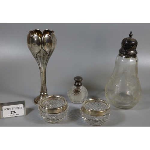 226 - Collection of assorted silver items, to include: tulip design vase, pair of silver topped and glass ... 