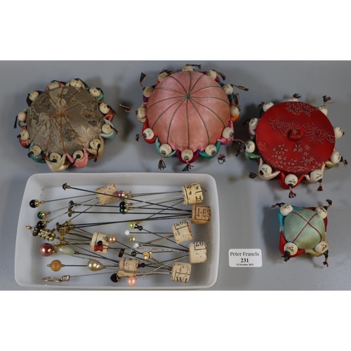 231 - Collection of Chinese hatpins/pin holders, together with a Chinese pin box and a collection of hat p... 