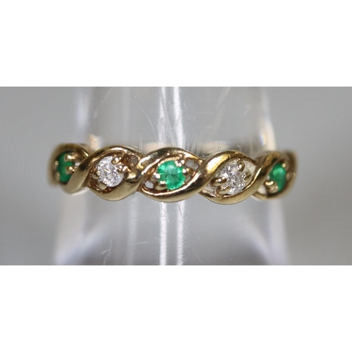 235 - 9ct gold emerald and diamond five stone ring.  Ring size P.  Approx weight 1.9 grams.  
(B.P. 21% + ... 