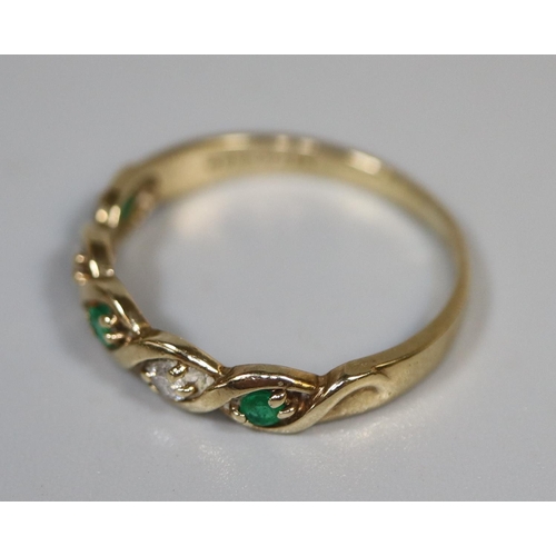 235 - 9ct gold emerald and diamond five stone ring.  Ring size P.  Approx weight 1.9 grams.  
(B.P. 21% + ... 