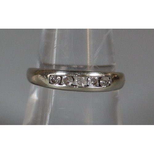 240 - 9ct white gold five stone diamond ring.  Total diamond weight 0.25cts.  Ring size O.  Approx weight ... 