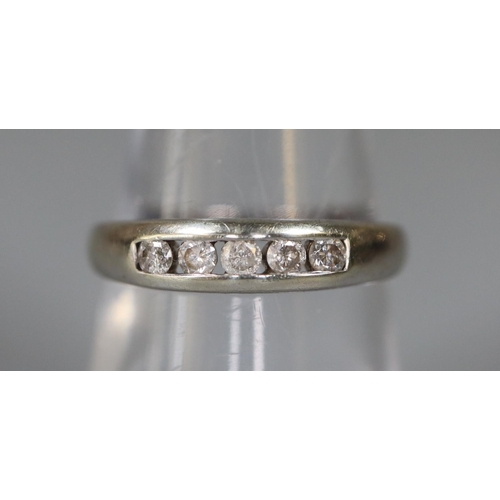 240 - 9ct white gold five stone diamond ring.  Total diamond weight 0.25cts.  Ring size O.  Approx weight ... 