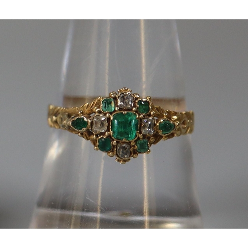 246 - Victorian emerald and diamond ring with locket section to the reverse and engraved yellow metal band...