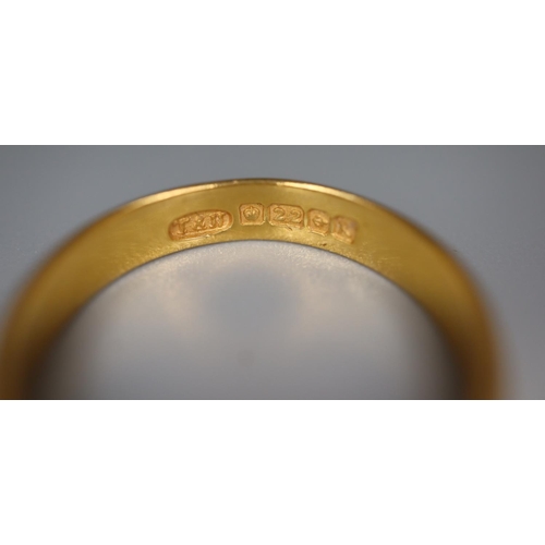 248 - 22ct gold wedding ring.  Ring size N.  Approx weight 3.6 grams.
(B.P. 21% + VAT)