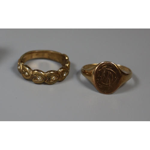 255 - 9ct gold signet ring.  Ring size Q.  Approx weight 2.4 grams.  Together with a costume jewellery rin... 