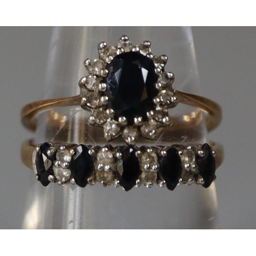 257 - 9ct gold sapphire and diamond cluster ring.  Ring size N and a 9ct gold sapphire and diamond half et... 