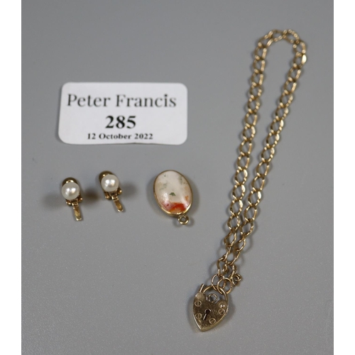 285 - 9ct gold charm bracelet with 9ct gold heart shaped padlock clasp, a pair of cultured pearl collar st... 