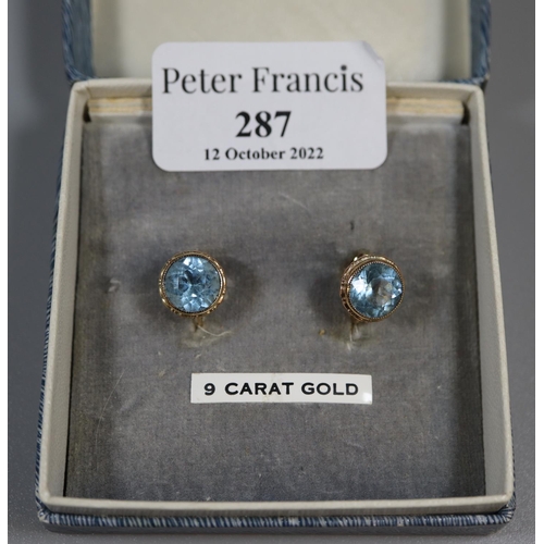 287 - Pair of 9ct gold and blue stone earrings with screw back fittings.  Approx weight 3.2 grams.
(B.P. 2... 