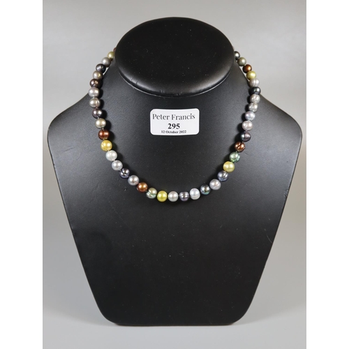 295 - A string of multi coloured freshwater pearls with 14ct gold clasp.  
(B.P. 21% + VAT)