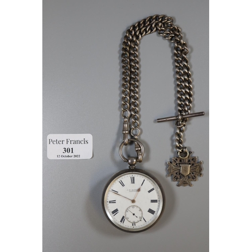 301 - Silver J W Benson open face silver pocket watch with silver double Albert watch chain and silver fob... 