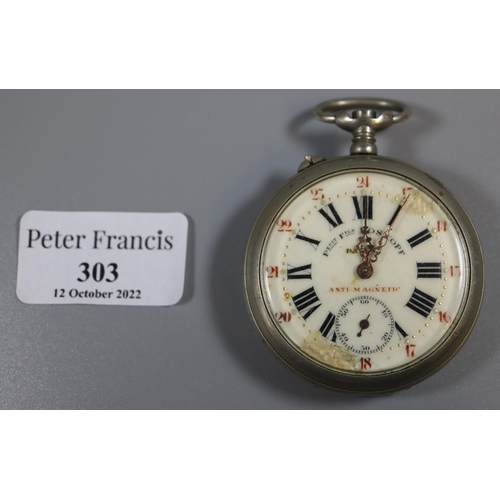 303 - Silver plated pocket watch with subsidiary seconds dial, 'Petit fils Roskopf'.
(B.P. 21% + VAT)