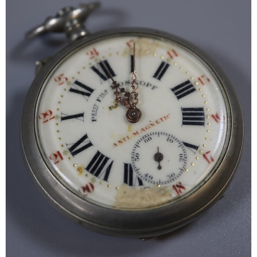 303 - Silver plated pocket watch with subsidiary seconds dial, 'Petit fils Roskopf'.
(B.P. 21% + VAT)