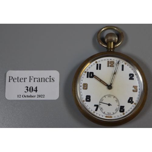 304 - Silver plated top wind military pocket watch with subsidiary seconds dial.
(B.P. 21% + VAT)